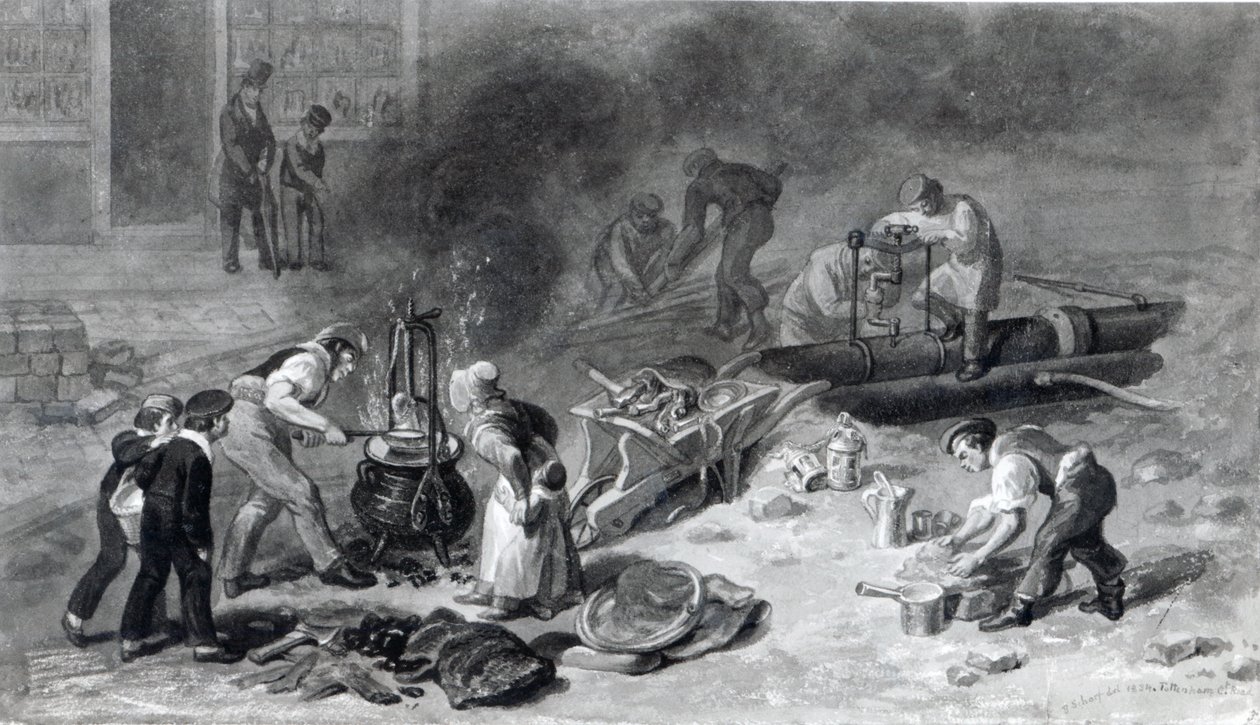 The Laying of the Water-Main i Tottenham Court Road, 1834 (akvarel på papir) af George Snr Scharf