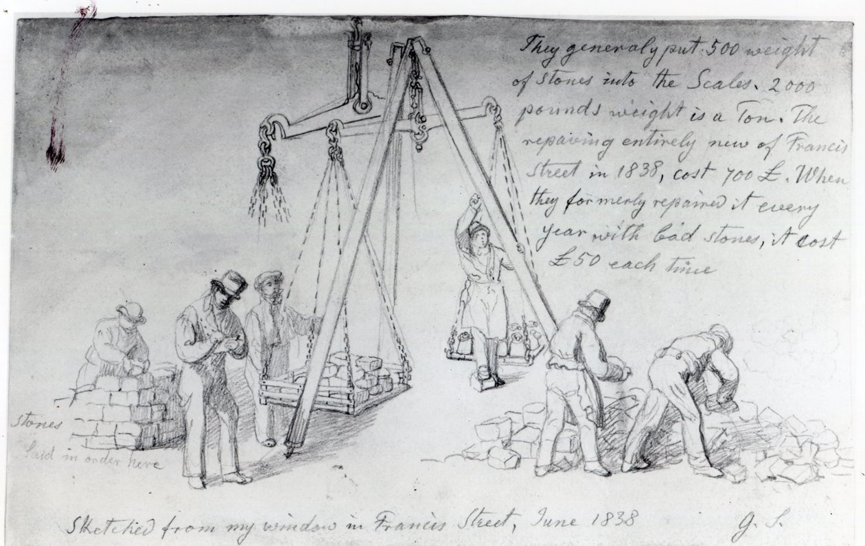Vejning af sten på Francis Street, London, 1838 af George Snr Scharf