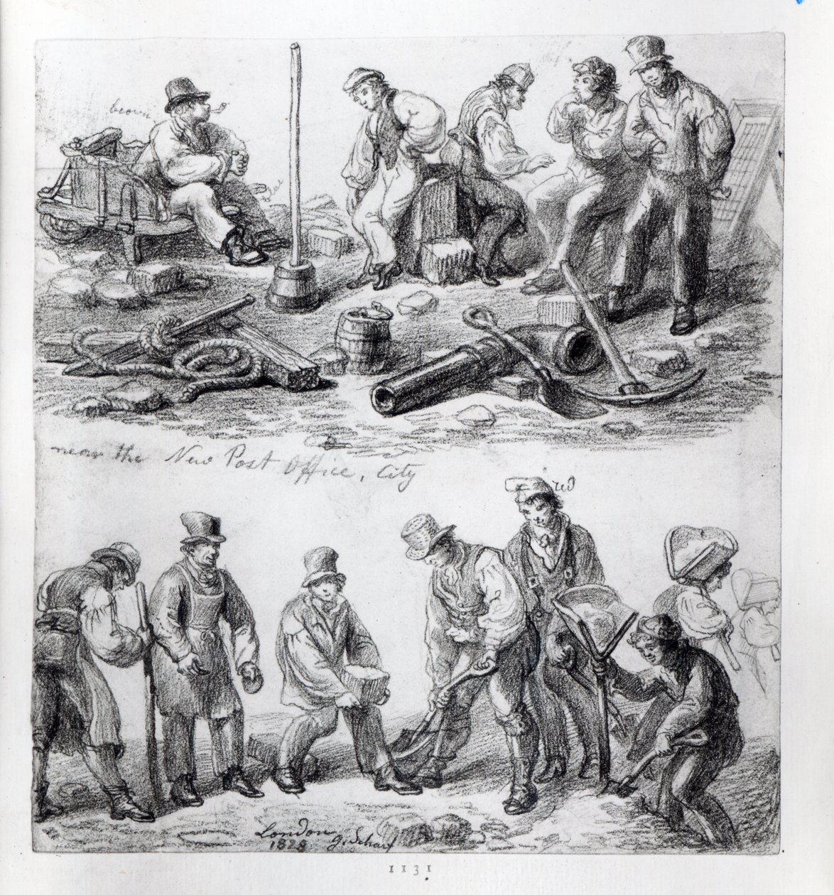 Arbejdere nær det nye postkontor i The City, London, 1828 af George Snr Scharf