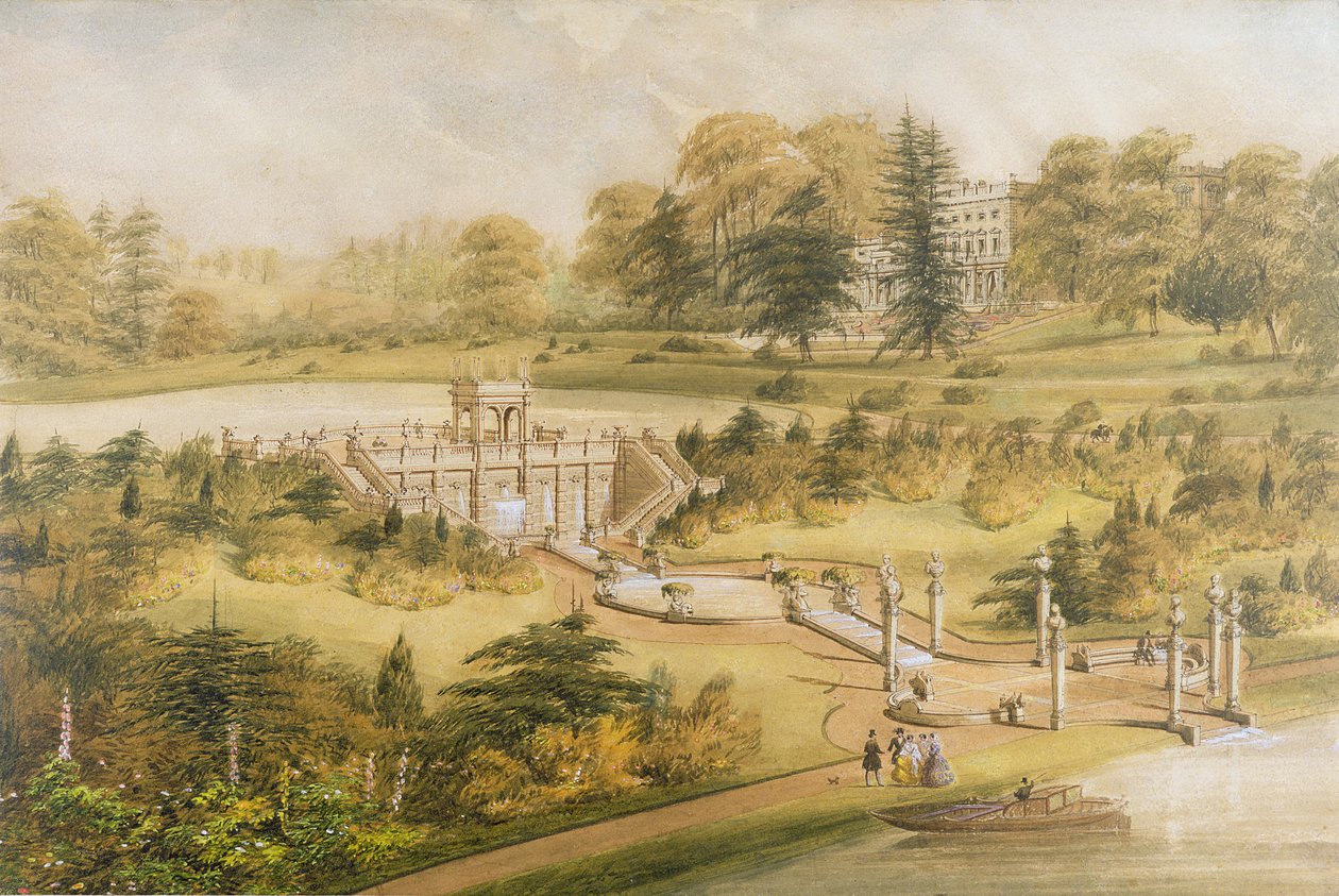 Design til Cowley Manor, ca. 1860 (wc, pen og blæk på papir) af George Somers Clarke