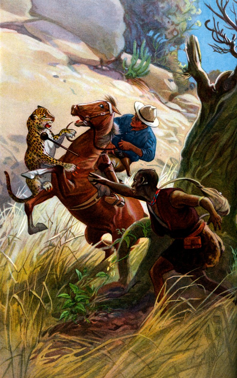 Gepard og afrikansk stammemand angriber hest og rytter af George Soper