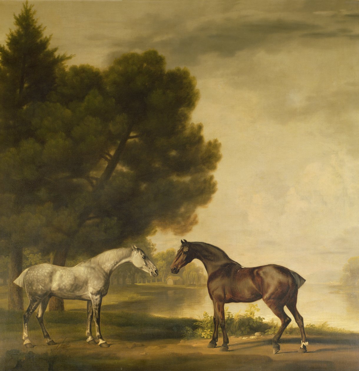 En grå og en bugt i et landskab af George Stubbs