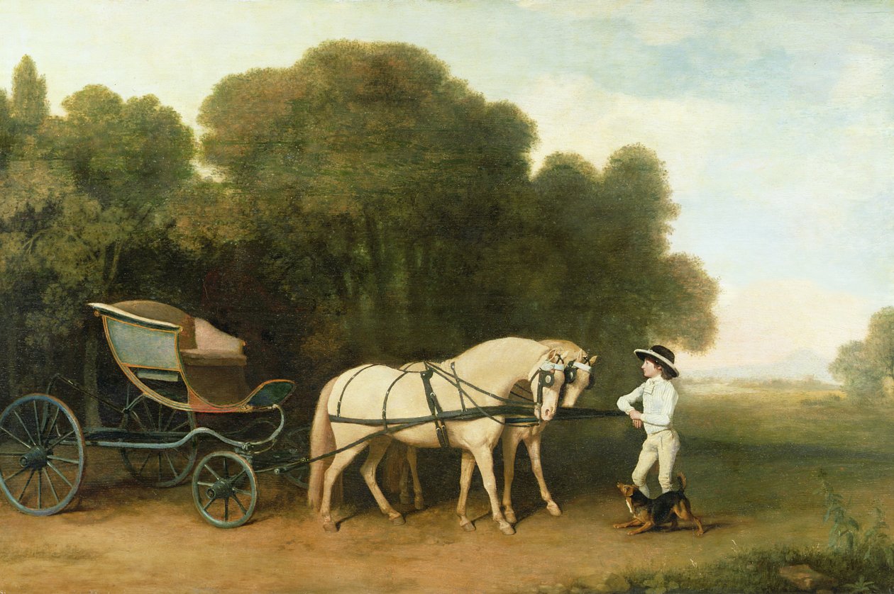 En Phaeton med et par cremefarvede ponyer under ledelse af en staldunge, ca. 1780-5 af George Stubbs