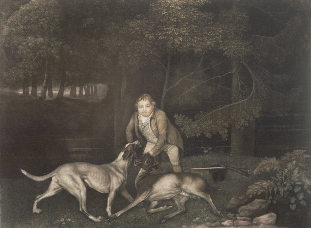 Freeman, vogter for jarlen af Clarendon, med en hund og en såret då, 1804 (mezzotint) af George Stubbs