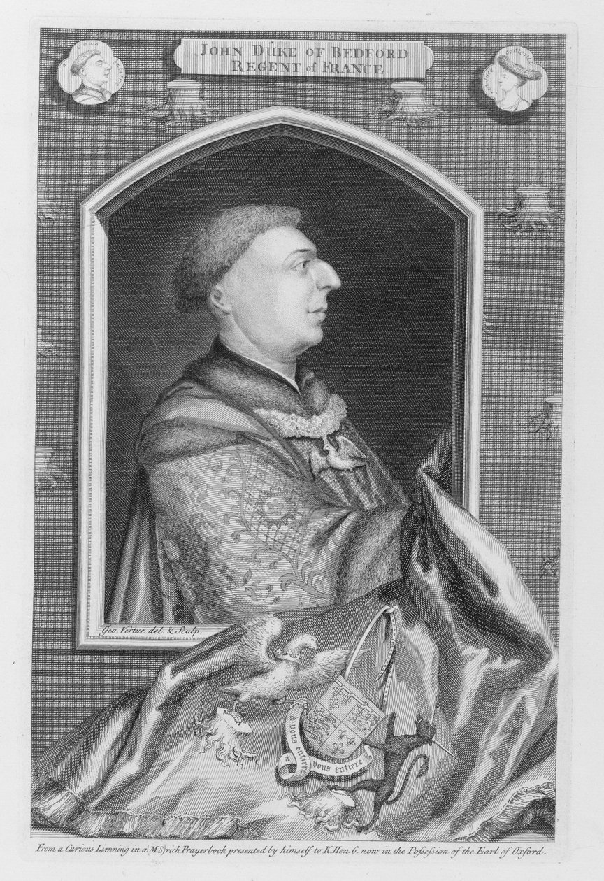 John of Lancaster, Duke of Bedford (1389-1435) efter et portræt i en bønnebog, indgraveret af kunstneren af George Vertue