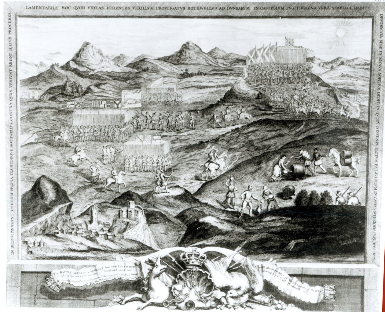 Battle Array of Carberry Hill nær Edinburgh med overgivelsen af Mary, Queen of Scots til de konfødererede Lords of Scotland og flugten fra Earl Bothwell i 1567, indgraveret af kunstneren, 1743 ( af George Vertue