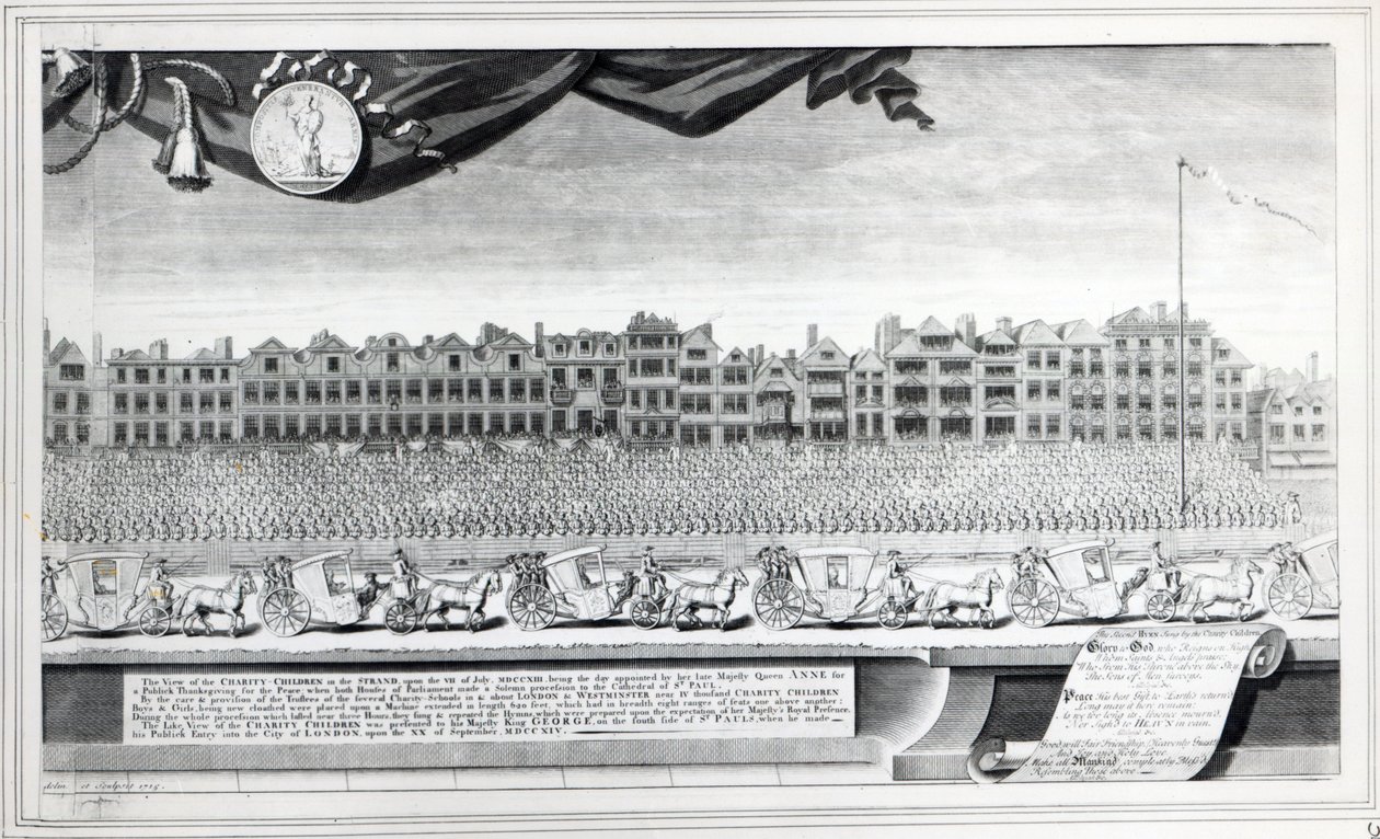 Udsigt over velgørenhedsbørnene i Stranden, 7. juli 1713, tryk lavet i 1715 af George Vertue