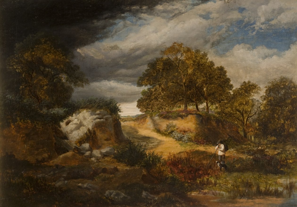 Landskab med figur og hund af George Vicat Cole