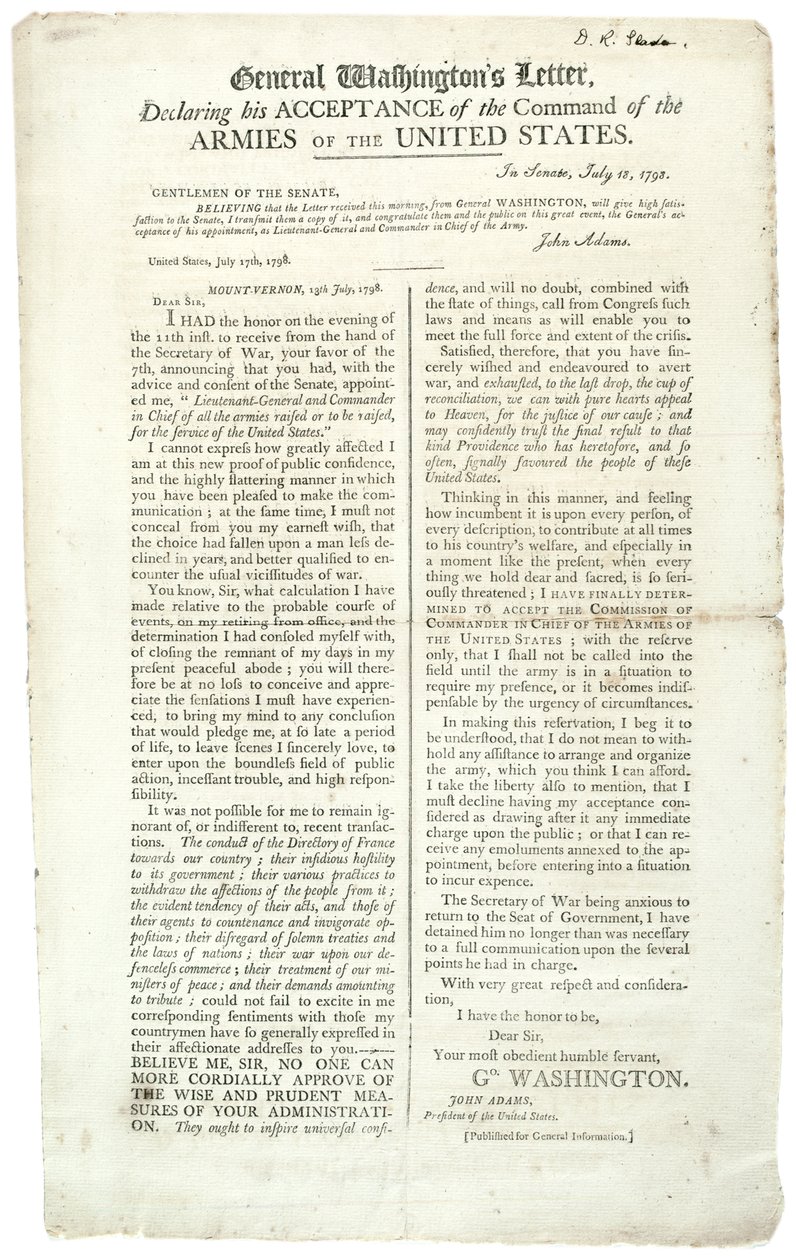 General Washingtons brev, der erklærede hans accept af kommandoen, 18. juli 1798 af George Washington
