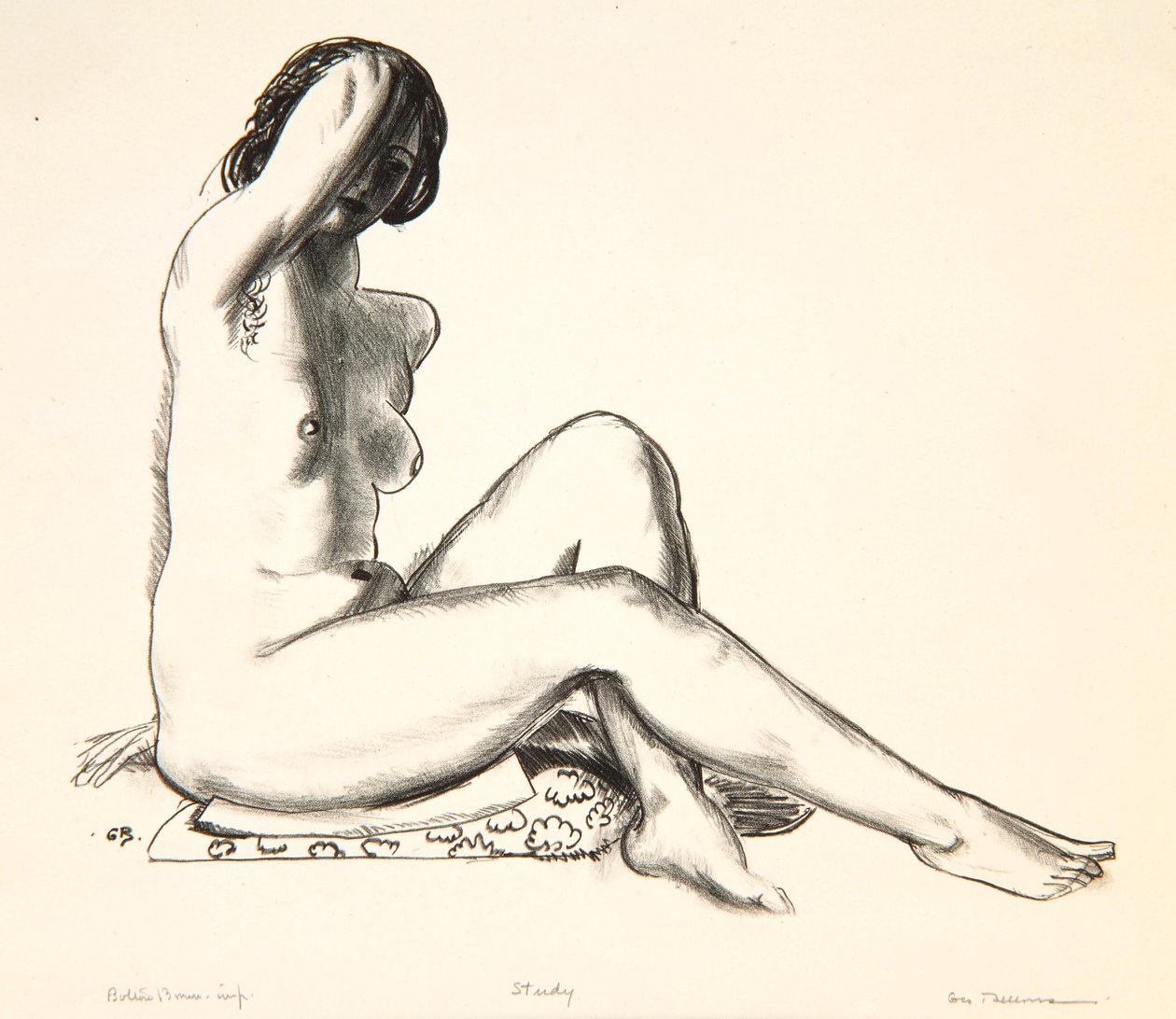Nøgenstudie, pige, der sidder på en blomstret pude, 1923-24 af George Wesley Bellows