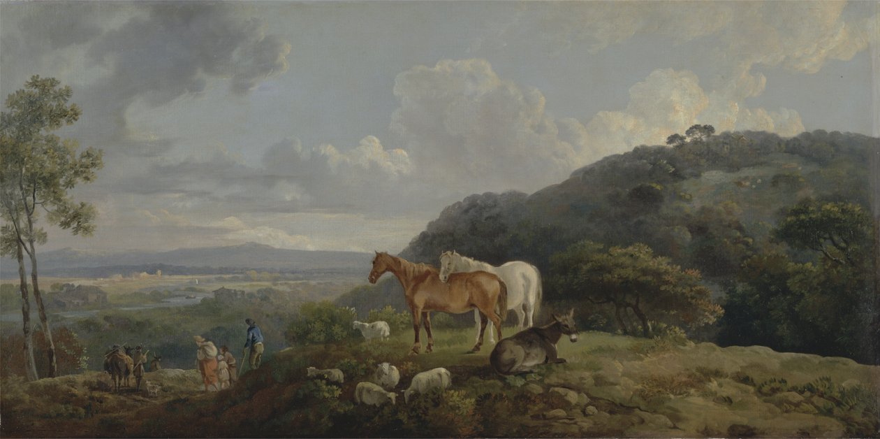 Morgen: Landskab med hopper og får, ca. 1770-80 af George the Elder Barret