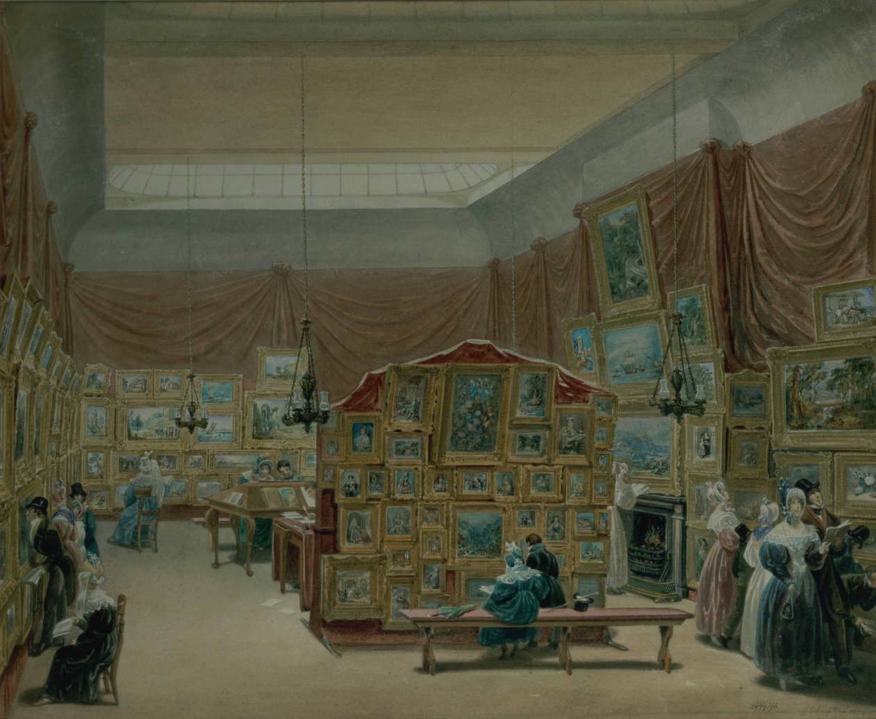 Interiør af Gallery of the New Society of Painters in Watercolour, Old Bond Street, 1834 af George the Elder Scharf