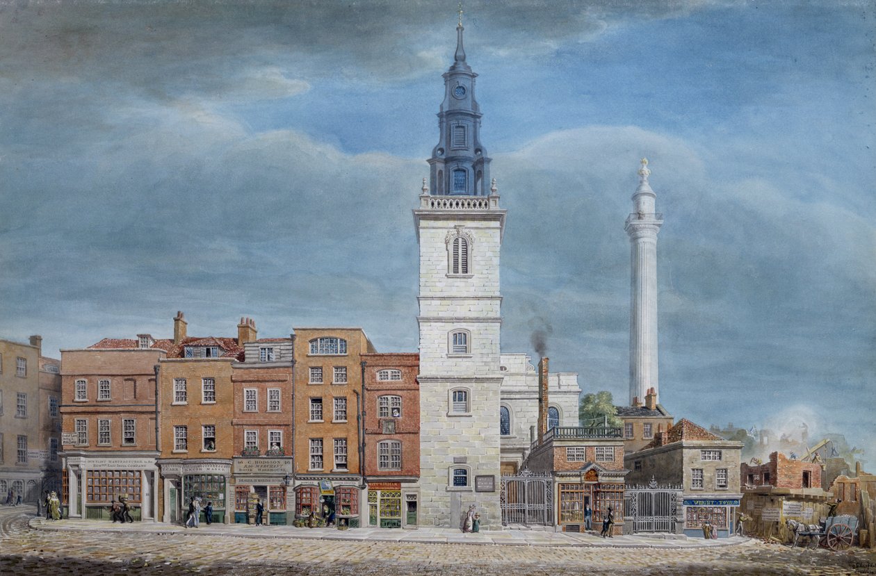 Udsigt over St. Michael Church, Crooked Lane, London, designet af Christopher Wren, under nedrivning af New London Bridge, ca. 1830 af George the Elder Scharf
