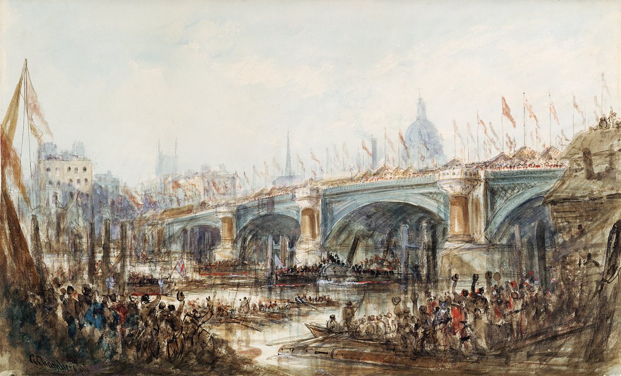 Udsigt over åbningen af New Blackfriars Bridge af dronning Victoria (1819-1901) 6. november 1869 af George the Younger Chambers