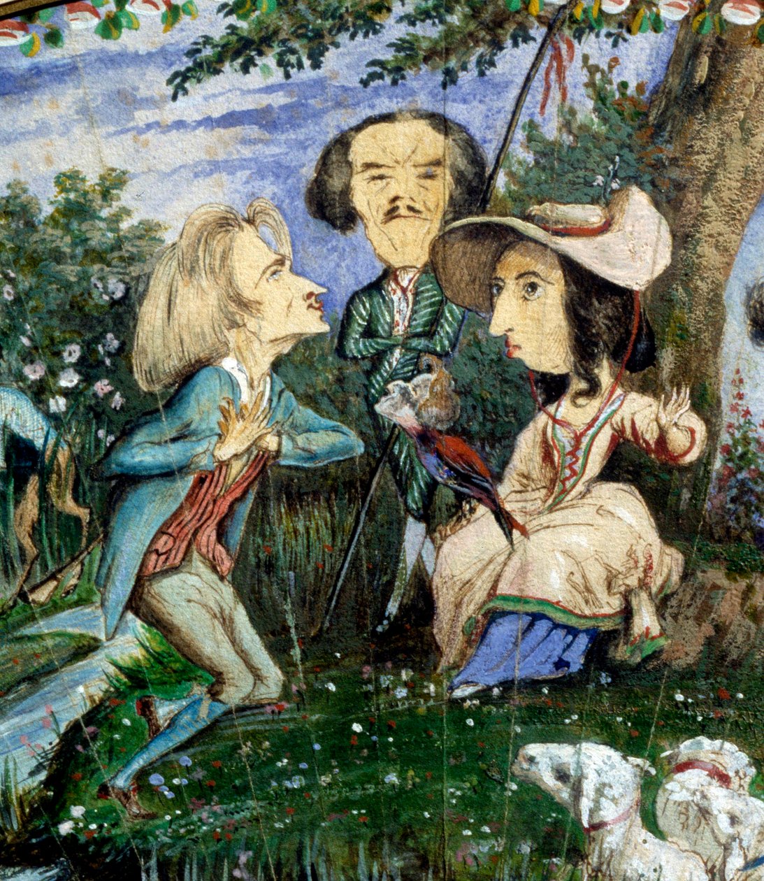 Fan af karikaturer malet i gouache af George Sand (Aurore Dupin, Baronne Dudevant) (1804-1876) og Auguste Charpentier (1815-1880): detalje, der forestiller bogstavekvinden George Sand, omgivet af Eugene Delacroix (i midten) og Franz Liszt. 19. århundrede af George Sand