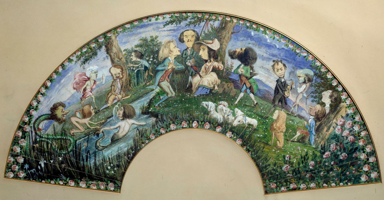 Fan af karikaturer malet i gouache af George Sand (Aurore Dupin, Baronne Dudevant) (1804-1876) og Auguste Charpentier (1815-1880): bogstavkvinden George Sand, omgivet af Frederic Chopin, Eugene Delacroix og Franz Liszt. 1800-tallets Paris, mu af George Sand