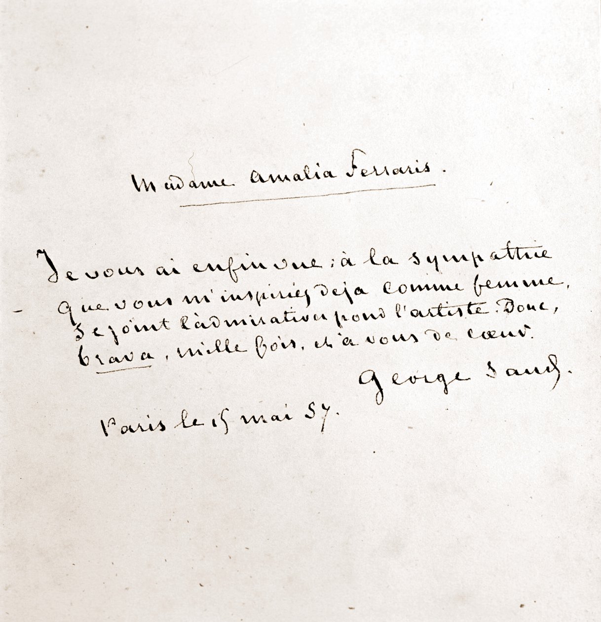 Brev fra George Sand (Aurore Dupin, Baronne Dudevant) (1804-1876) til Madame Amalia Ferraris, Paris 19. marts af George Sand