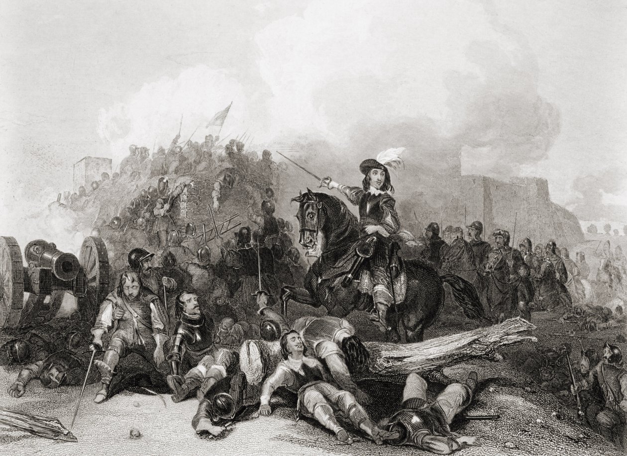 The Storming of Bristol, 26. juli 1643, indgraveret af J.C. Varrall (gravering) af George (after) Cattermole