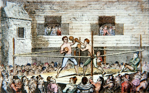 En sparringskamp på fives-banen, London, fra et tryk udgivet i 1812 (farve litho) af George (after) Cruikshank