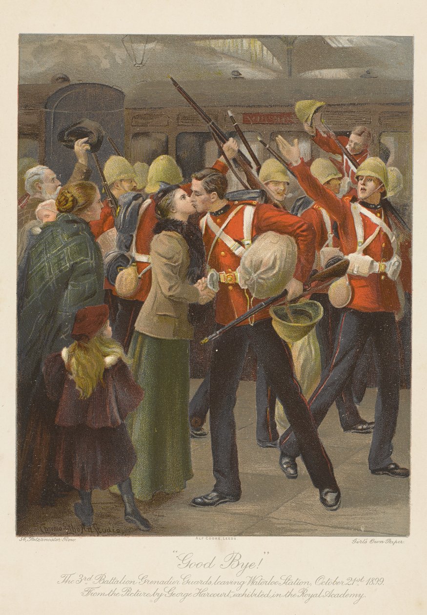 Farvel! 3. bataljons grenadervagter forlader Waterloo Station, 21. oktober 1899 (chromolitho) af George (after) Harcourt