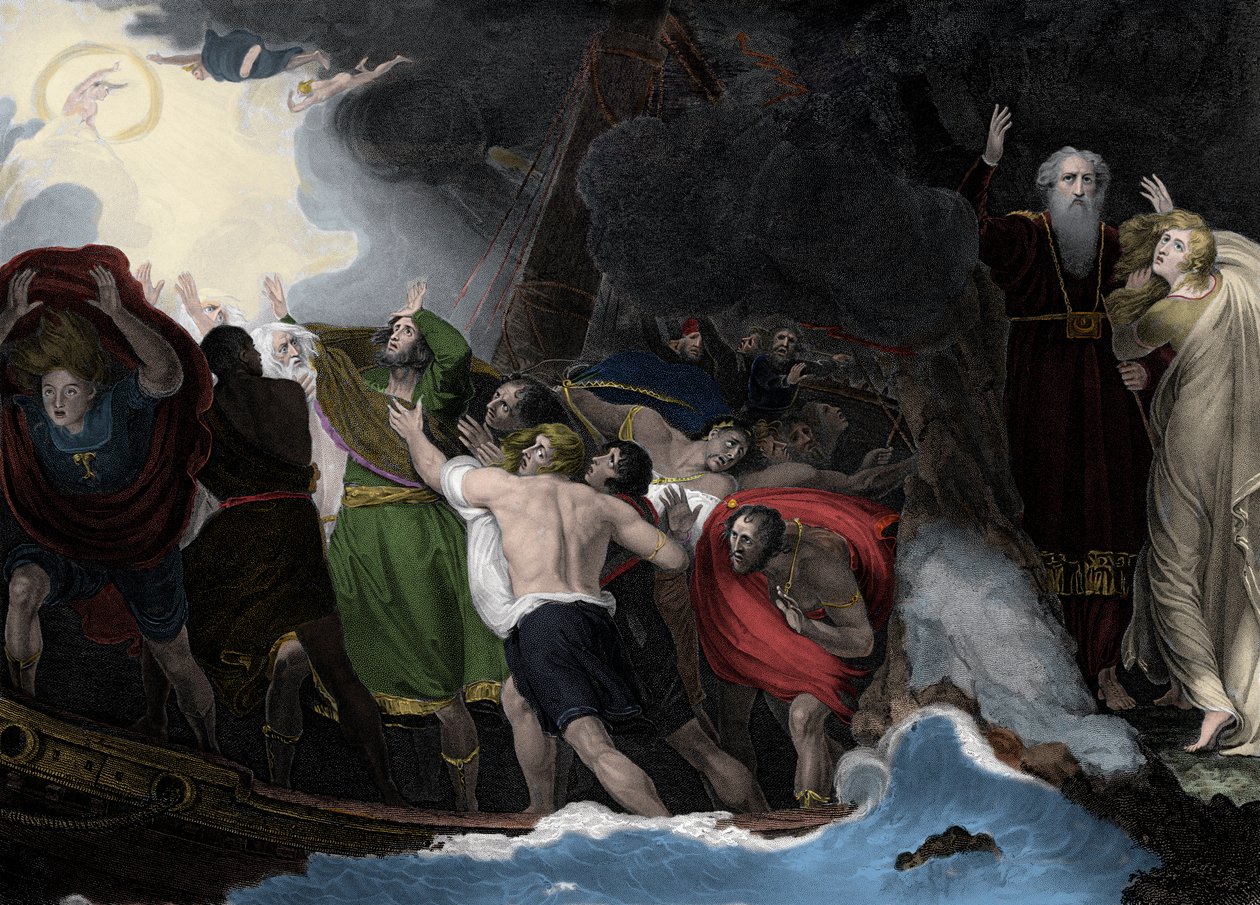 Prospero og Miranda, til højre, står på øen, mens sømændene er skibbrudne af George (after) Romney