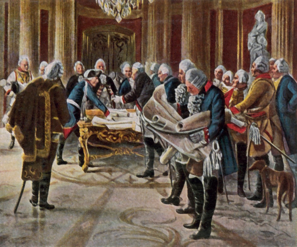 Frederik den Store holder krigsråd med sine generaler, august 1756 (forstærket farvelitografi) af George (after) Schobel