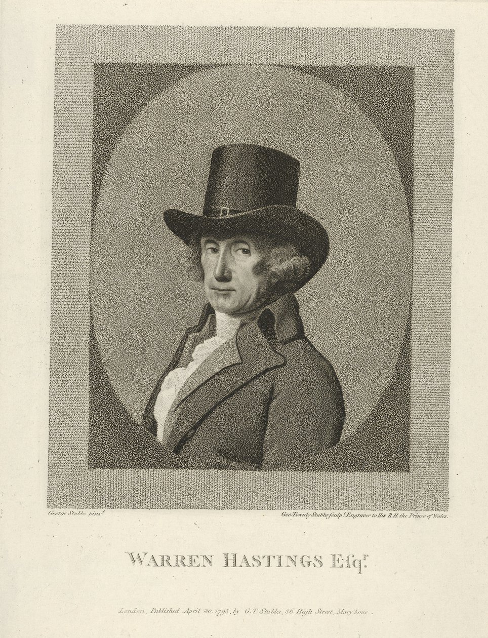 Portræt af Warren Hastings, Esq., pub. 1795 (gravering) af George (after) Stubbs
