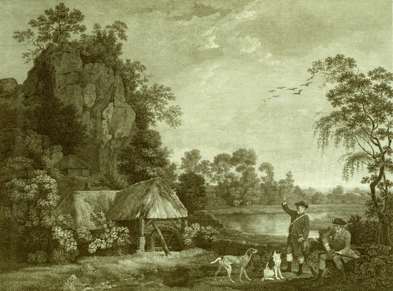 To herrer på vej til skydning, med udsigt over Creswell Crags, taget på stedet, plade 1 (gravering) af George (after) Stubbs