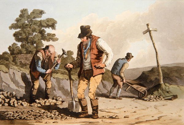 Stone Breakers, fra "Costume of Yorkshire", graveret af Robert Havell (1769-1832) 1814 (farvelitografi) af George (after) Walker
