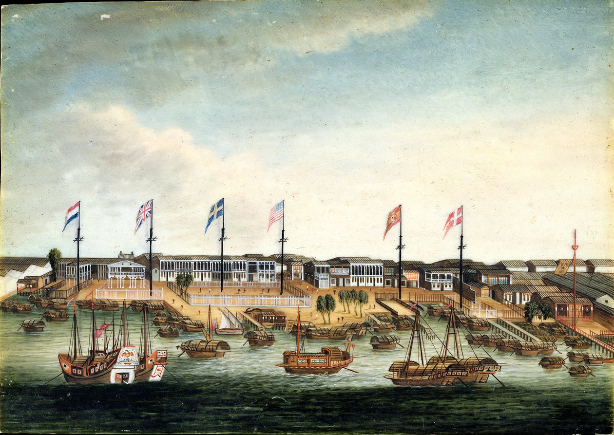 The Hongs at Canton, før 1820 (olie på elfenben) af George (follower of) Chinnery