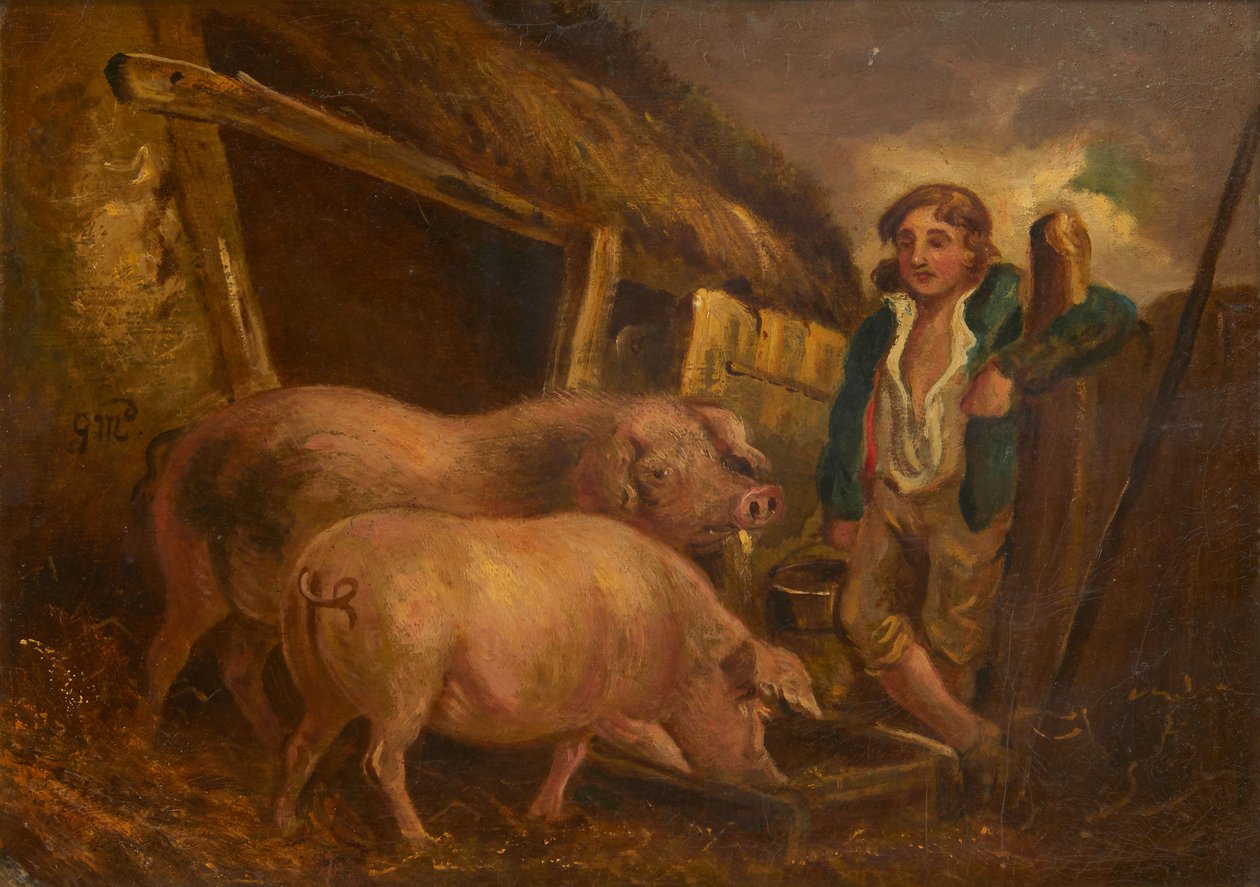 Pasning af præmiegrisene (olie om bord) af George (follower of) Morland