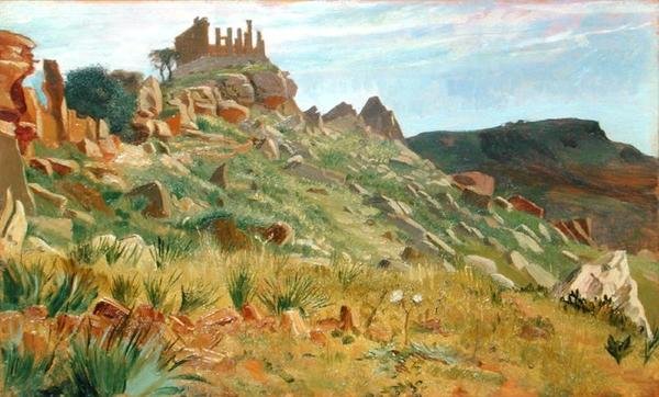 Juno Lacinas tempel, Agrigento, Sicilien (olie på panel) af George 9th Earl of Carlisle Howard