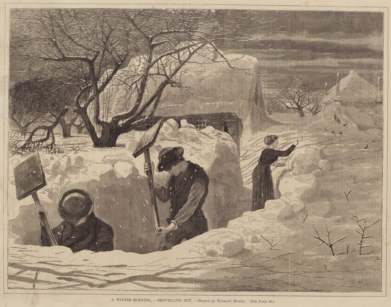 A Winter-Morning, - Shoveling Out, udgivet 1871. af George A. Avery