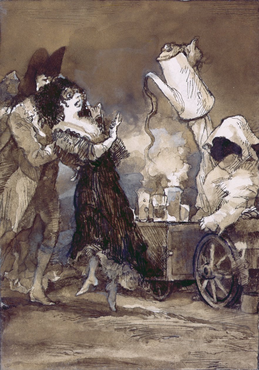 Cafe con leche caliente (efter Goya) (gouache på gesso malet bord) af George Adamson