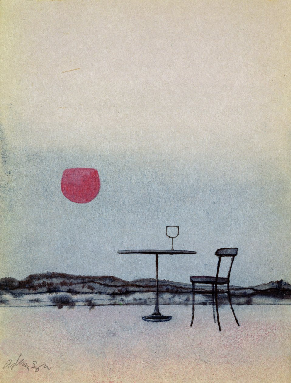 Fordrevet rødvin fra glas på udvendigt bord bliver til den nedgående sol (pen med vask og gouache på kort) af George Adamson
