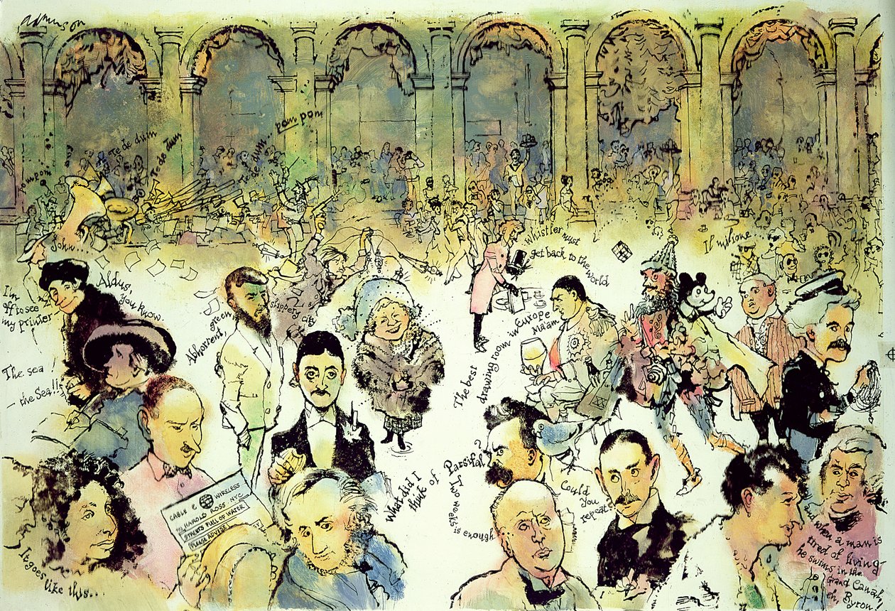 Berømte ansigter udenfor Florians på Piazza San Marco, Venedig, ca. 1990 (gouache på hardboard med blæk på acetat-overlay) af George Adamson