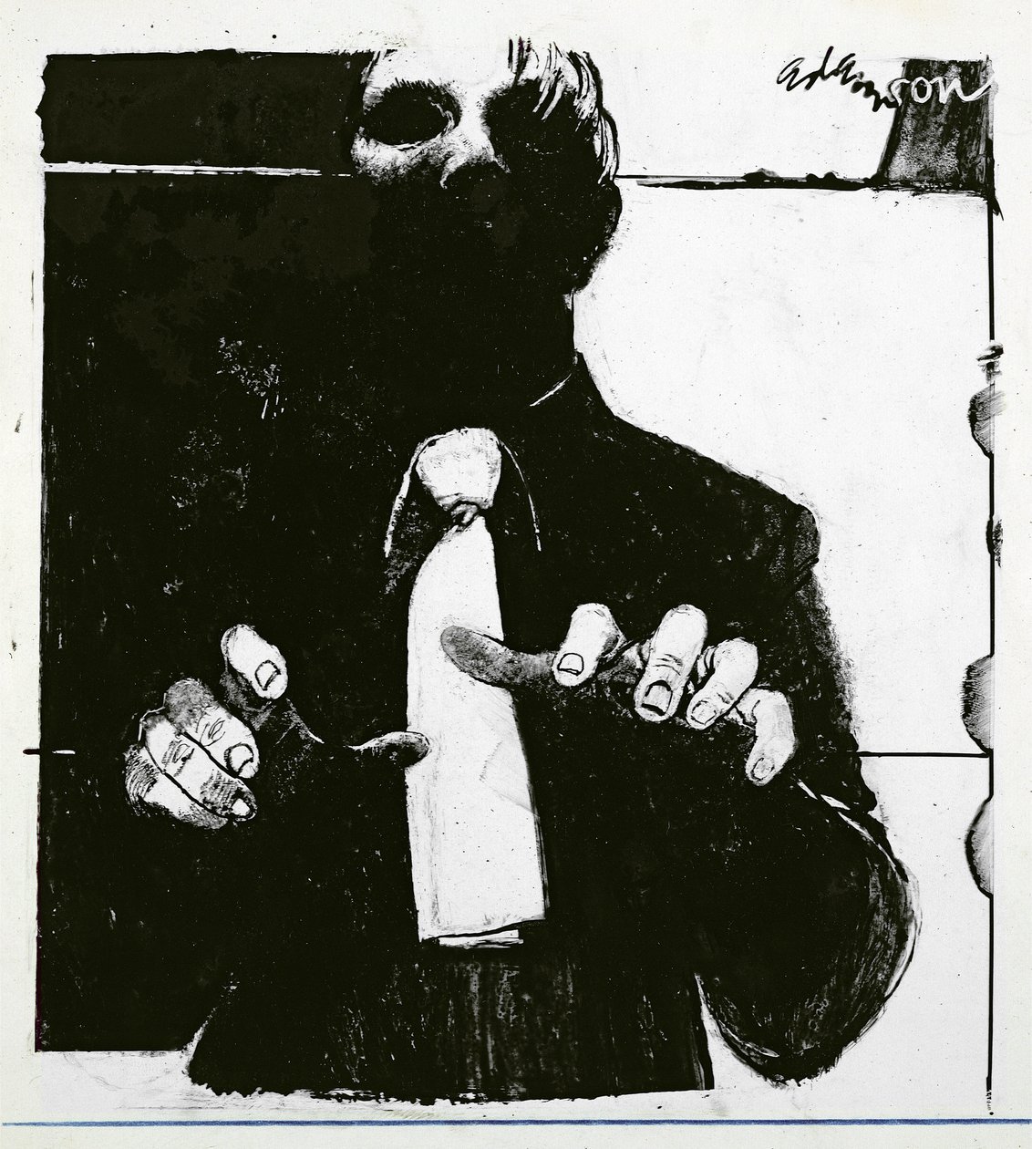 Illustration for Nursing a Blind Patient en artikel i Nursing Times, offentliggjort 30. oktober 1975 (blæk på acetat) af George Adamson