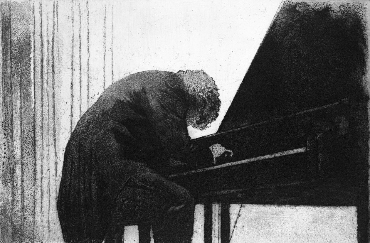 John Ogdon (1937-89) ved klaveret i Great Hall, Exeter University, 1979 af George Adamson