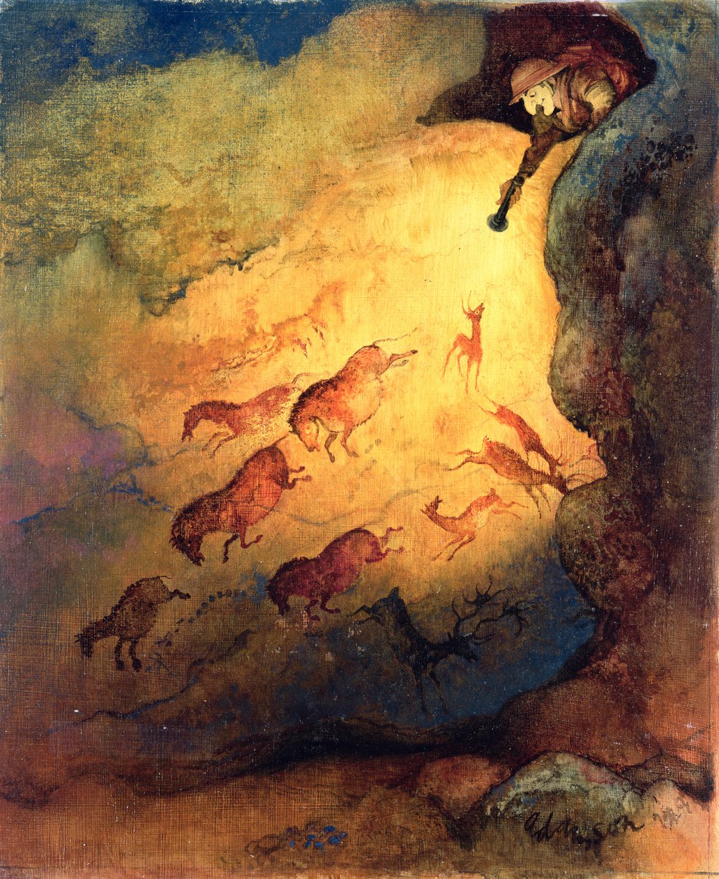 Mr. Punch som huleudforsker, der skræmte dyrene i Lascaux, upubliceret bestilling af Punch, 1968 (gouache på hardboard) af George Adamson