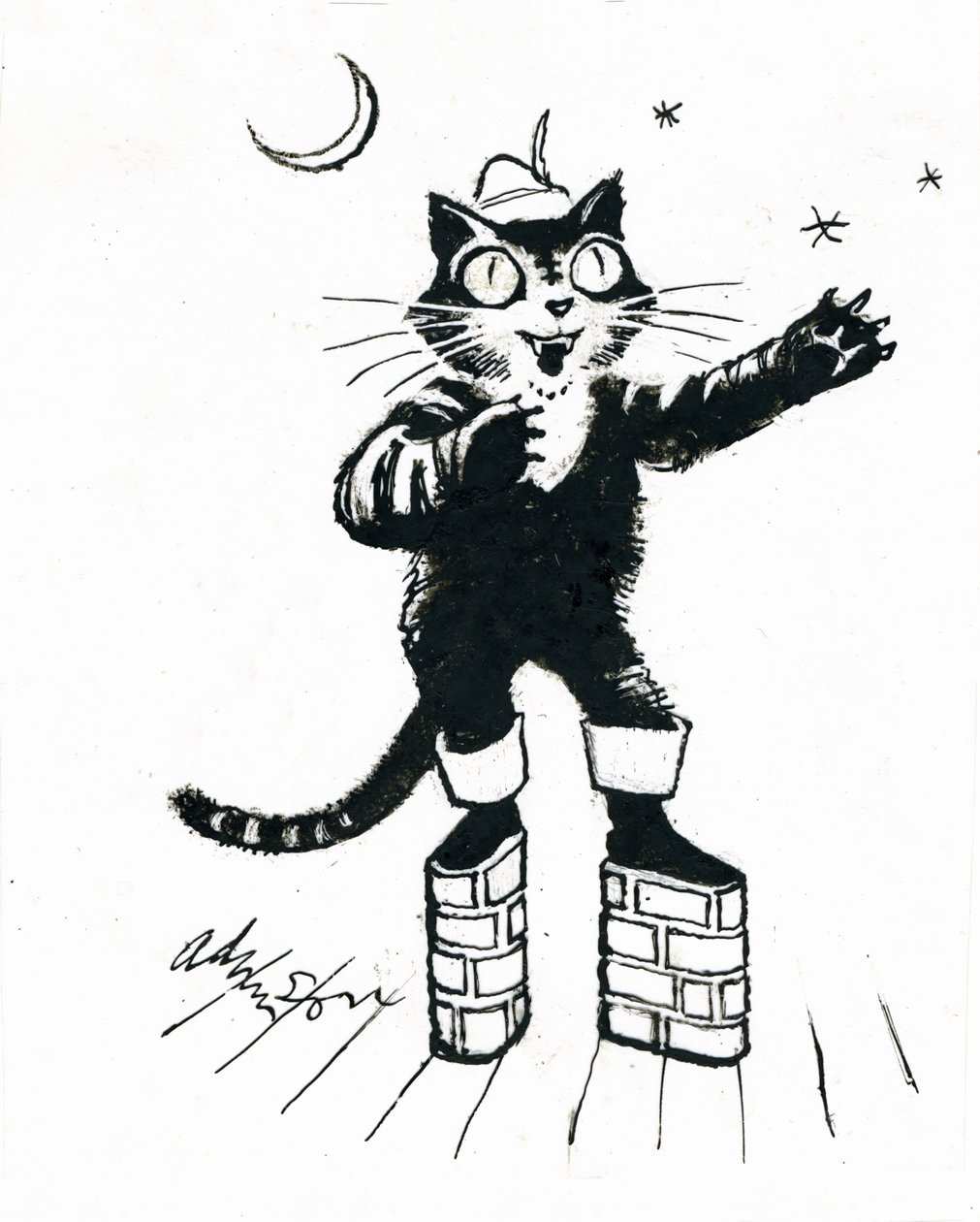 Puss in (murstensplatform) støvler (blæk på gennemsigtighed over hvidt kort) af George Adamson