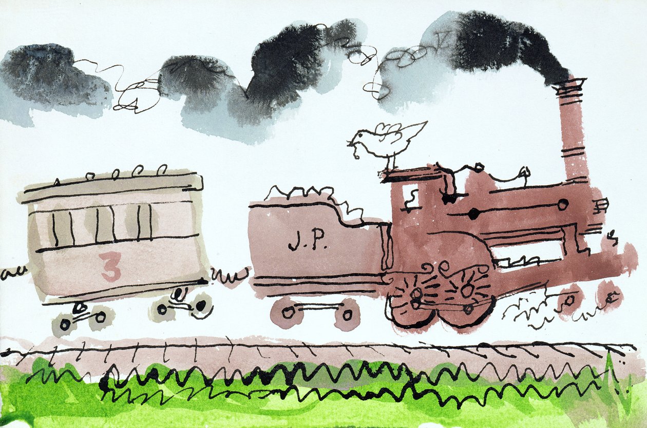 The Steam Train, Part I, 1952 (indisk blæk og pen & vask på papir) af George Adamson