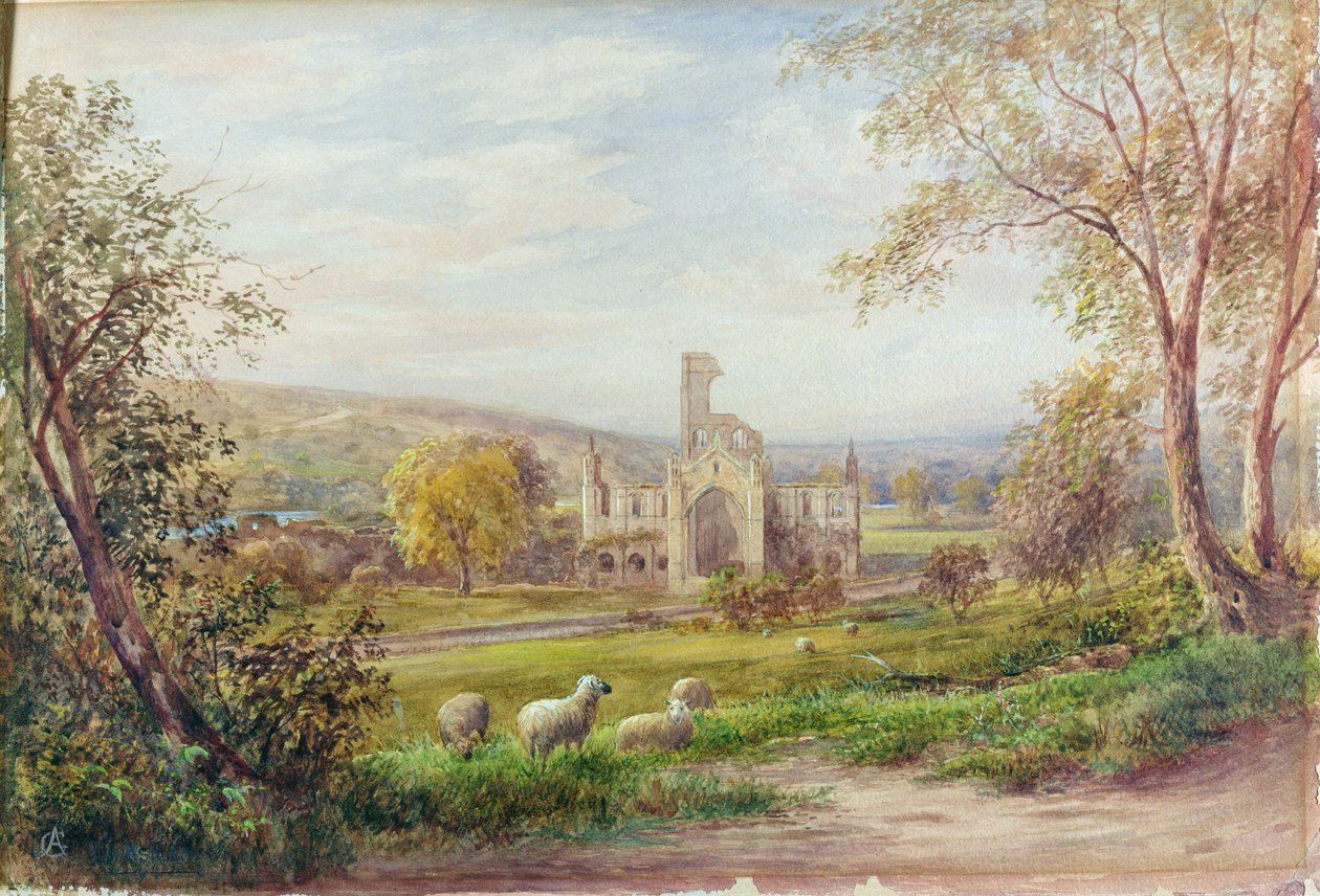 Kirkstall Abbey, Leeds (akvarel på papir) af George Alexander