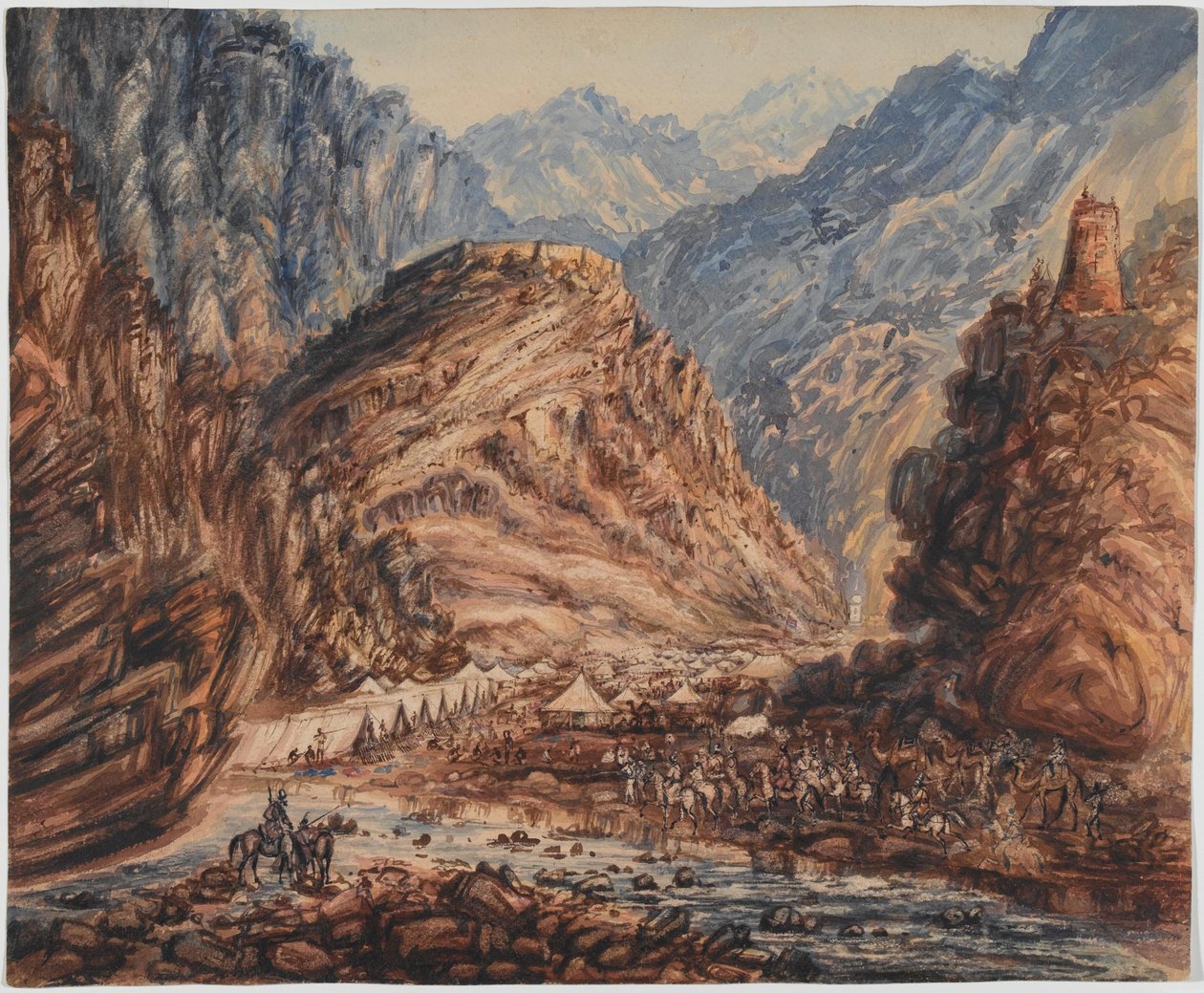 Fort of Ali Musjeed, Khyber Pass Camp af 4. brigade af generalmajor Pollocks styrke, april 1842 (akvarel) af George Alfred Croly