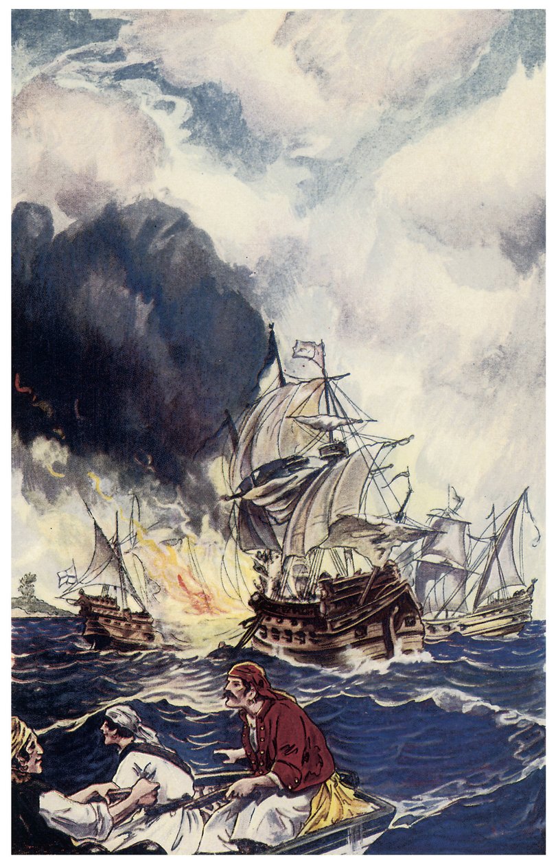 Brulot sigtelse af sprængstof kaster mod et skib Illustration fra "" Pirates of Panama or The Buccaneers of America"" af George Albert Williams (1875-1932) 1914 af George Alfred Williams