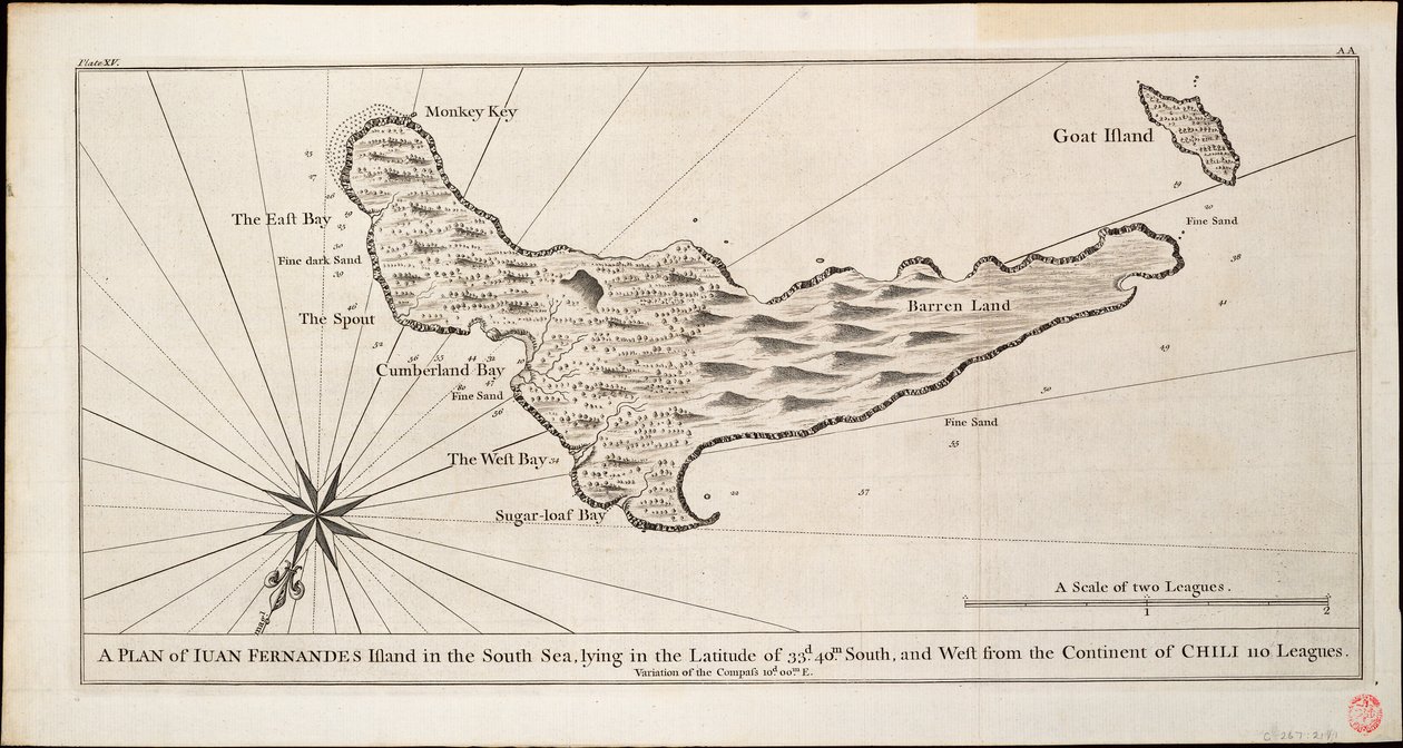En plan over øen Iuan Fernandes i Sydhavet, der ligger på breddegraden 33d. 40m. syd, og vest for det chilenske kontinent 110 sømil, ca. 1750 (stik) af George Anson