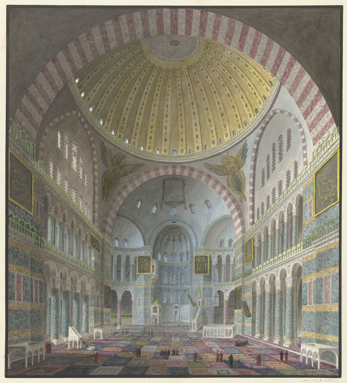 Interiør af Hagia Sophia med knælende og stående tyrkere af George Antoine Prosper Marilhat