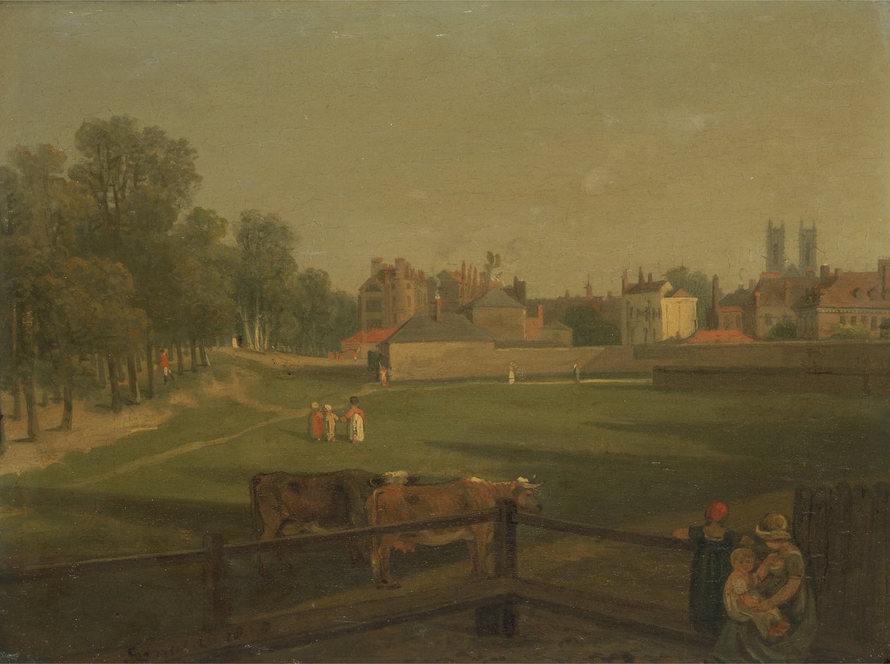 En vestlig udsigt over en del af Westminster og Bird Cage Walk, fra Mill House (olie på panel) af George Arnald