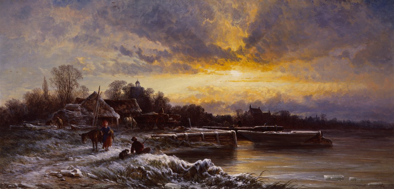 Et vinterlandskab, aften (olie på lærred) af George Augustus Williams