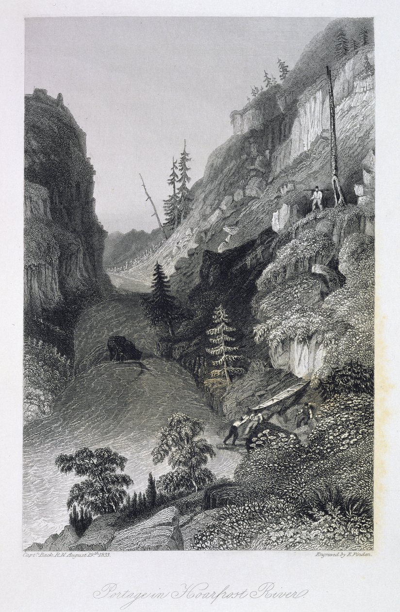 Portage i Hoarfrost River, 19. august 1833, fra "Narrative of the Arctic Land Expedition to the Mouth of the Great Fish River and Along the Shores of the Arctic Ocean in the Years 1833-35", af Cap af George Back