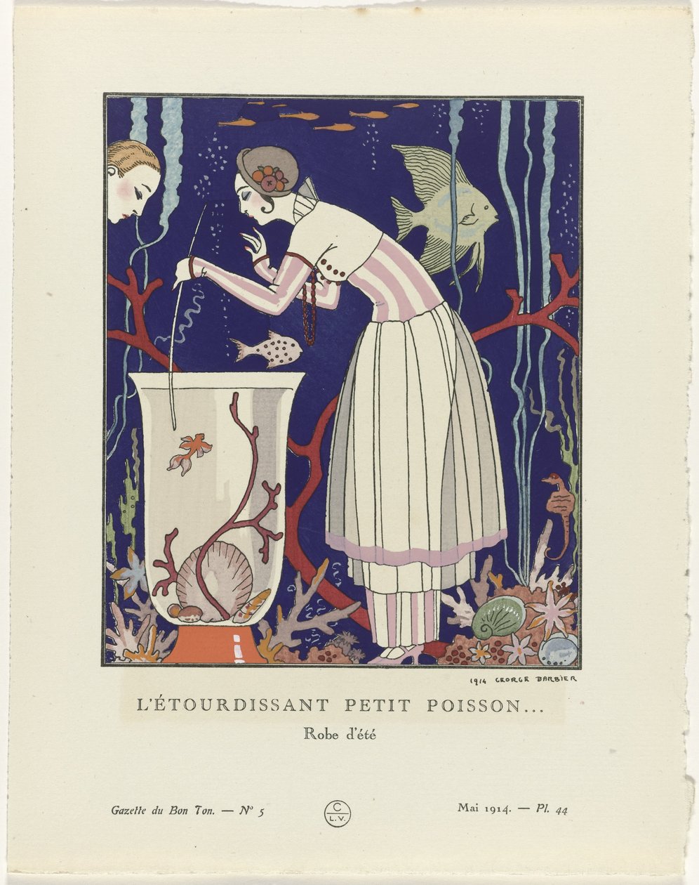 Gazette du Bon Ton, 1914 - nr. 5, pl. 44: Den fantastiske lille fisk (...) / Sommerkjole (titel på objektet) af George Barbier